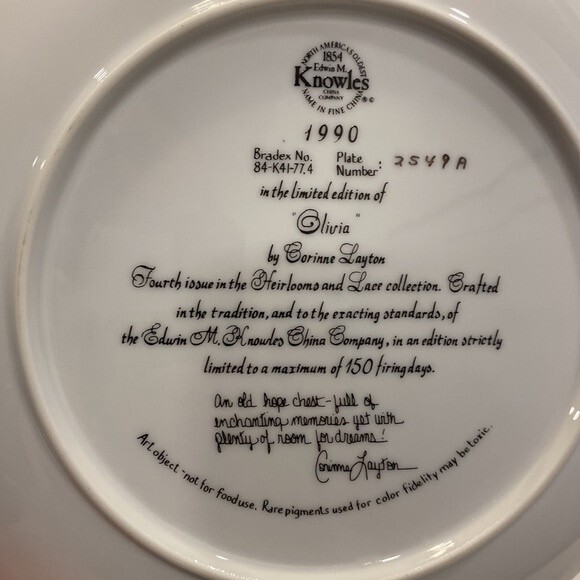 Heirlooms & Lace “Olivia” Collector’s #4 Plate in Series By Corinne Layton 2549A - Picture 12 of 15